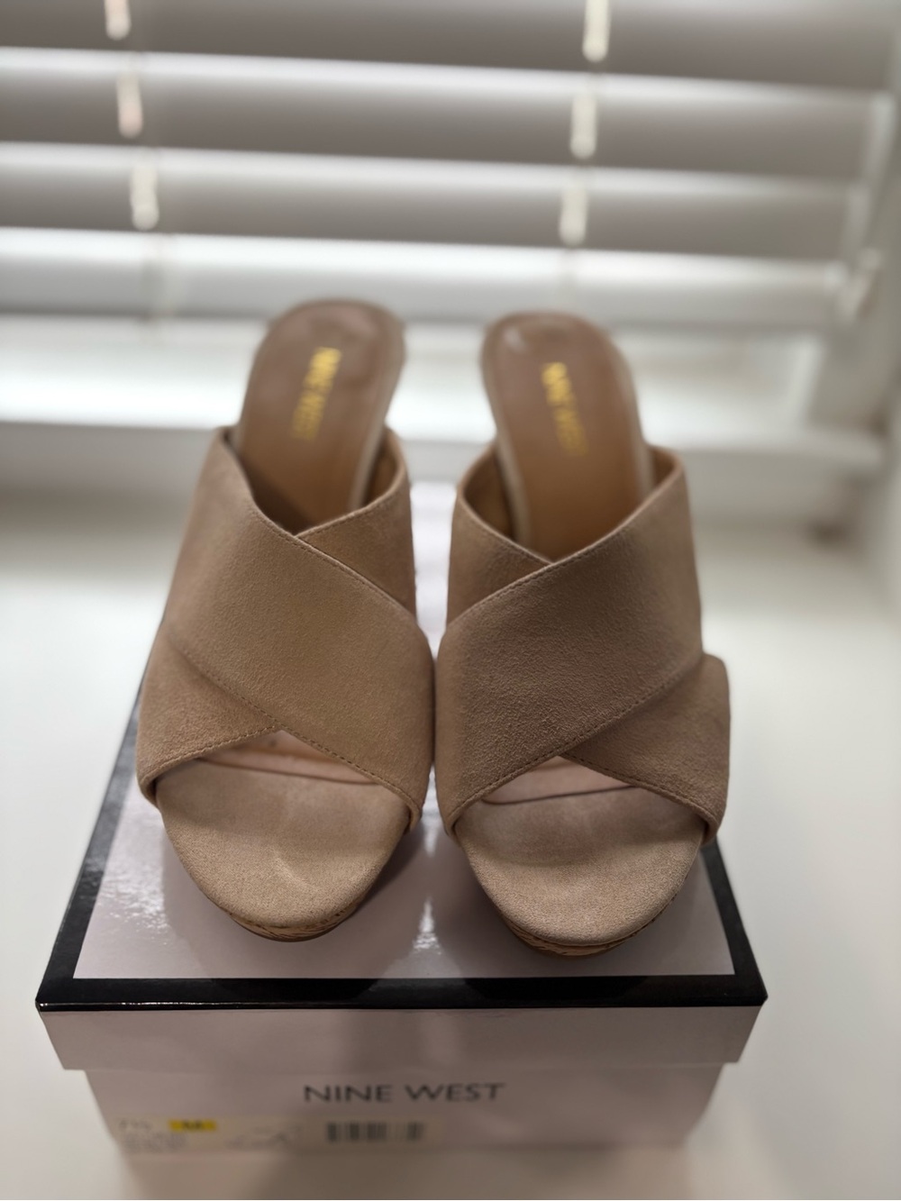 Nine West Taupe Crisscross Open-Toe Slide Mules